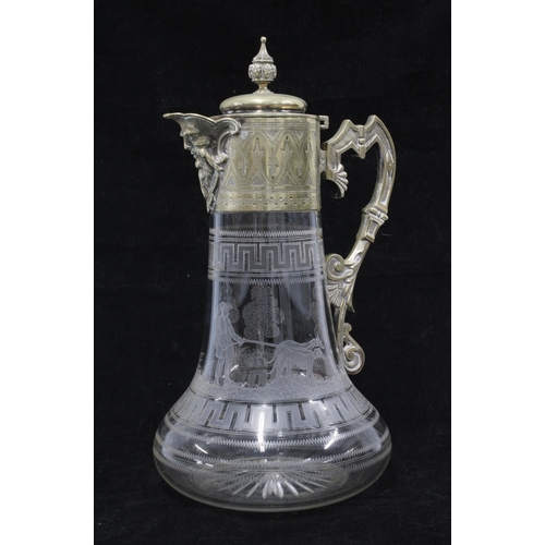 18 - Victorian Epns and etched glass claret jug / decanter, with a man and two hounds pattern, 29cm high