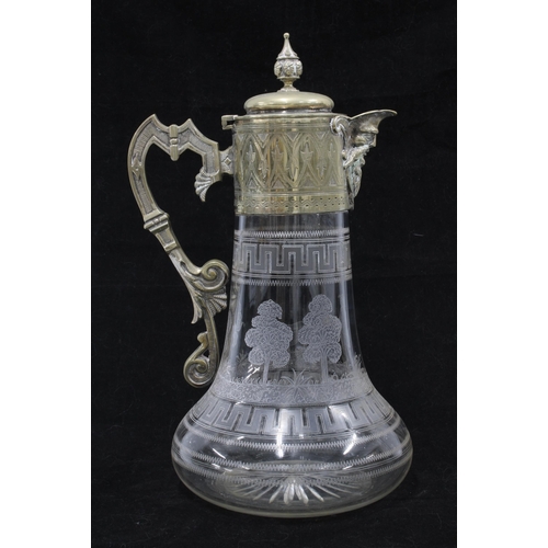 18 - Victorian Epns and etched glass claret jug / decanter, with a man and two hounds pattern, 29cm high