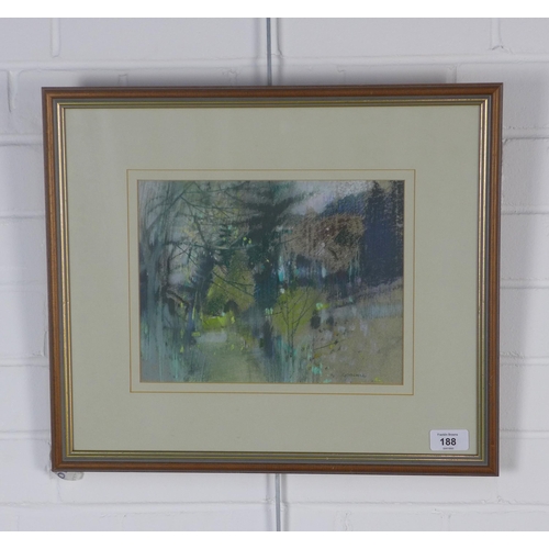 188 - Oscar Goodall RSW (SCOTTISH b. 1924) 'Muthill', pastel, signed and framed under glass, labelled vers... 