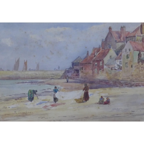 196 - A pair of watercolours of East Coast fishing villages, each signed Simpson, framed under glass, 35 x... 