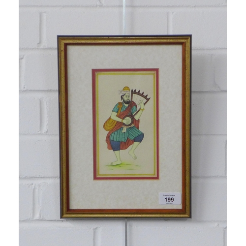 199 - Indian School watercolour of a Musician, framed under glass, 10 x 19cm