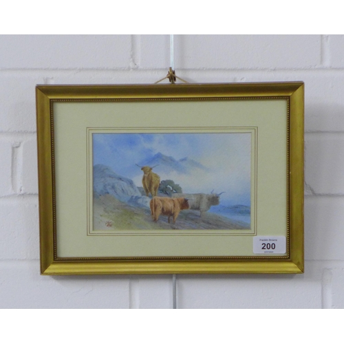 200 - Scottish School watercolour of highland cows, signed with a monogram, 19 x 12cm