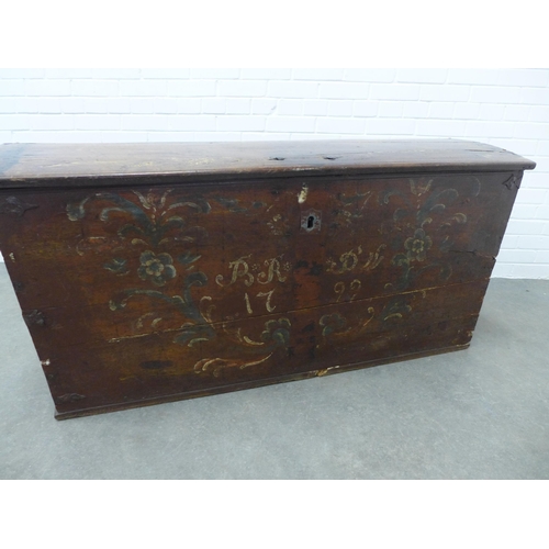 211 - Painted wooden marriage chest, dated '1792' with domed top,  135 x 67 x 64cm.