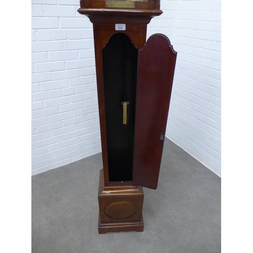 214 - Mahogany grandmother clock, brass spandrels and slivered chapter ring with roman numerals 34 x 177 x... 