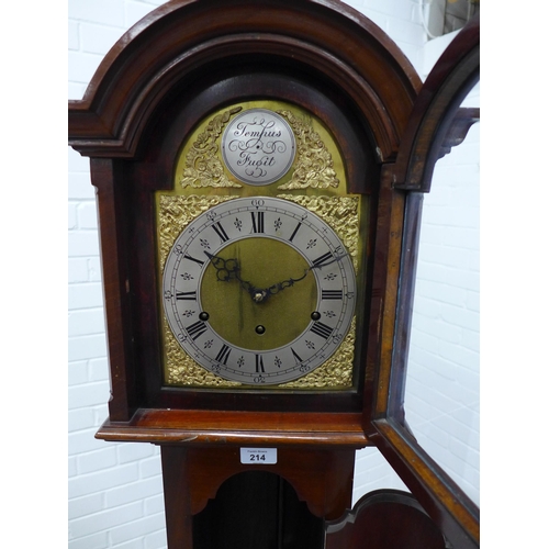 214 - Mahogany grandmother clock, brass spandrels and slivered chapter ring with roman numerals 34 x 177 x... 