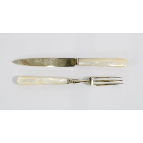 23 - Mappin & Webb set of six silver and mother pearl fruit knives and forks, Sheffield 1928, in mahogany... 
