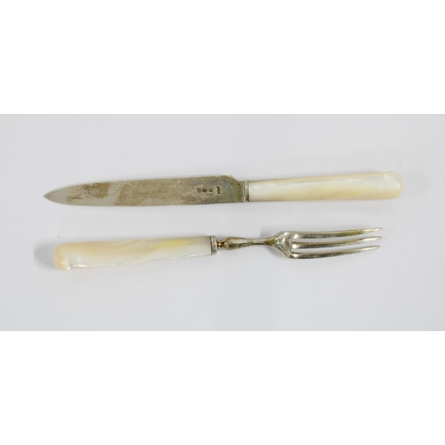 23 - Mappin & Webb set of six silver and mother pearl fruit knives and forks, Sheffield 1928, in mahogany... 