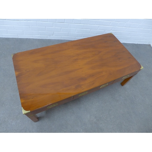 242 - Yew wood Campaign style coffee table, 121 x 40 x 61cm.