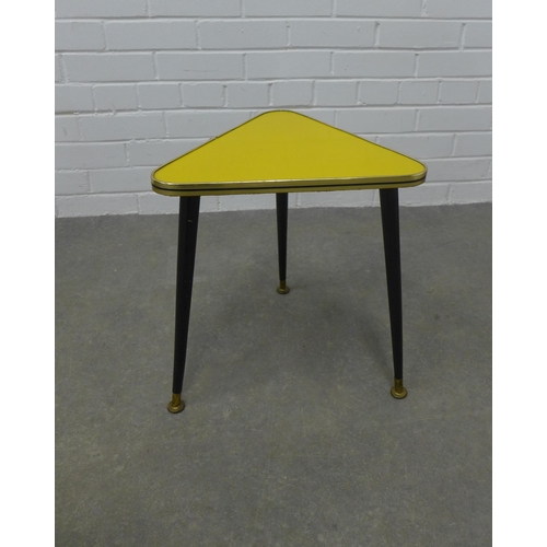 245 - Retro triangular table with yellow top and tapering legs,  37 x 42 x 33cm.