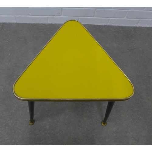 245 - Retro triangular table with yellow top and tapering legs,  37 x 42 x 33cm.