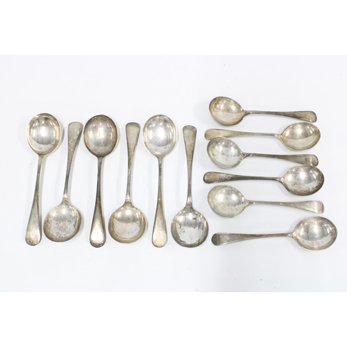 25 - Set of twelve Edwardian silver rat tail pattern soup spoons, P Ashberry & Sons, Sheffield 1906, 20cm... 