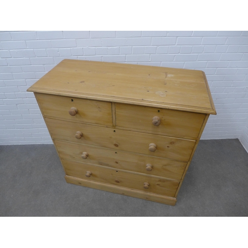 251 - Pine chest, the moulded rectangular top above two short and three long graduating drawers on a plint... 