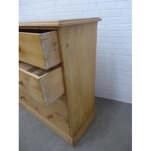 251 - Pine chest, the moulded rectangular top above two short and three long graduating drawers on a plint... 