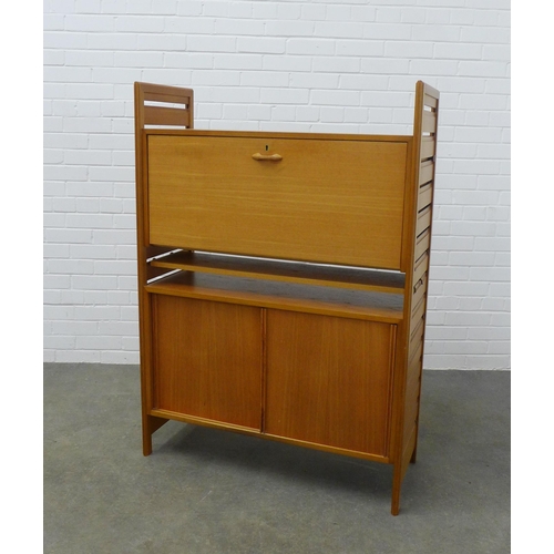 257 - Teak wall cabinet with slatted sides, fall front, single shelf and pair of base cupboards,  93 x 133... 