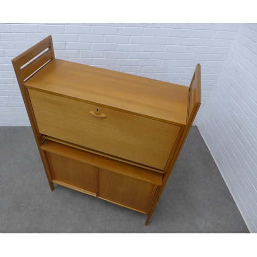 257 - Teak wall cabinet with slatted sides, fall front, single shelf and pair of base cupboards,  93 x 133... 