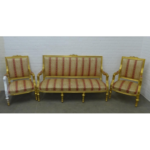 260 - French style giltwood parlour suite with striped upholstery, comprising a three seater settee and fo... 