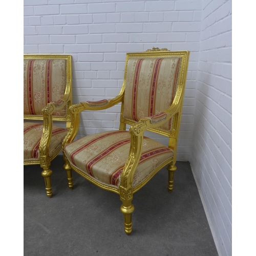 260 - French style giltwood parlour suite with striped upholstery, comprising a three seater settee and fo... 