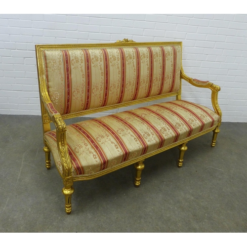 260 - French style giltwood parlour suite with striped upholstery, comprising a three seater settee and fo... 