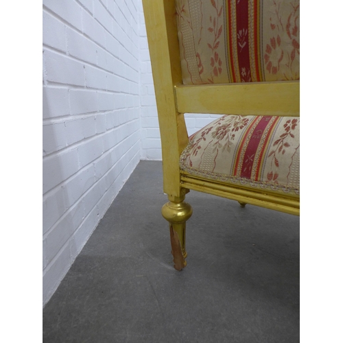 260 - French style giltwood parlour suite with striped upholstery, comprising a three seater settee and fo... 