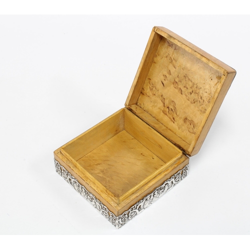 27 - George V silver mounted burrwood box, London Import marks for 1926, square form with hinged lid and ... 