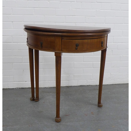 270 - Mahogany demi-lune foldover table, with frieze drawers and tapering cabriole legs, 76 x 74 x 74cm.