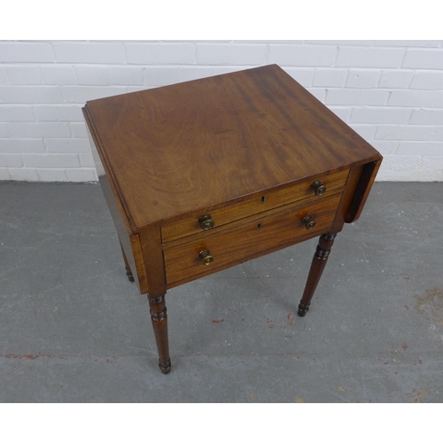 273 - 19th century mahogany drop leaf table, with two drawers and ring turned legs, (open 93 x 67 x 41cm)