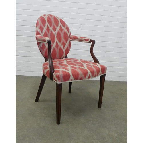 280 - Mahogany framed open armchair with upholstered back, arms and seat in red and white contemporary fab... 