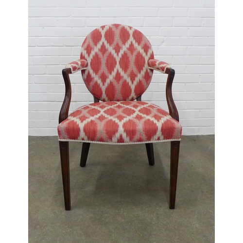 280 - Mahogany framed open armchair with upholstered back, arms and seat in red and white contemporary fab... 