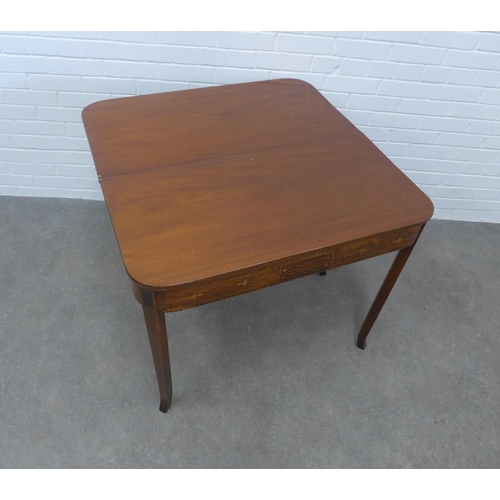 281 - Mahogany fold over tea table with inlaid frieze and splayed legs, 92 x 77cm