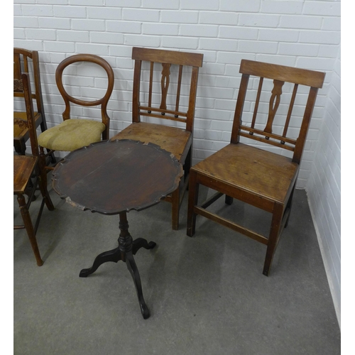 293 - Seven various chairs and a table with pie crust edge top (7)