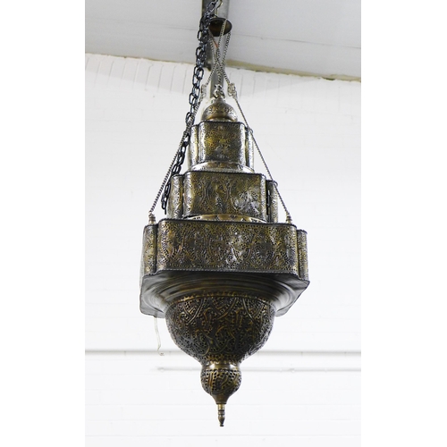 296 - Middle Eastern style pierced metal lantern ceiling light, approximately 75 x 32cm