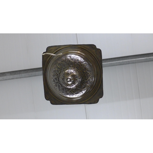 296 - Middle Eastern style pierced metal lantern ceiling light, approximately 75 x 32cm