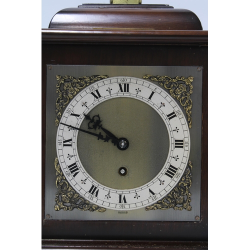 326 - Mahogany cased mantle clock with silvered dial and roman numerals, presentation plaque dated 1958, 2... 