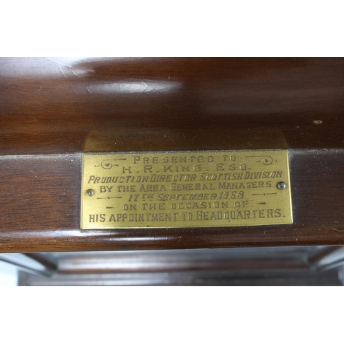 326 - Mahogany cased mantle clock with silvered dial and roman numerals, presentation plaque dated 1958, 2... 