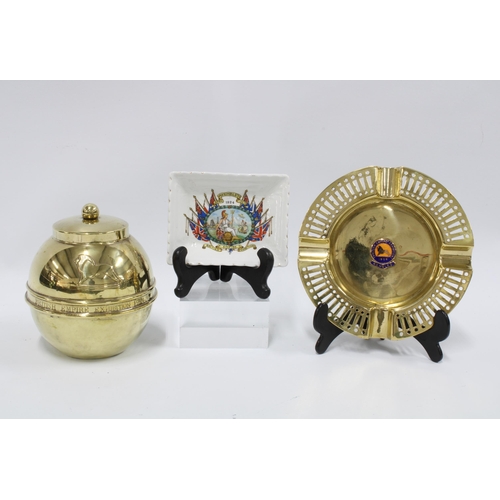 341 - Wembley British Empire Exhibition 1924 Lipton brass tea caddy,  brass ashtray and porcelain pin tray... 