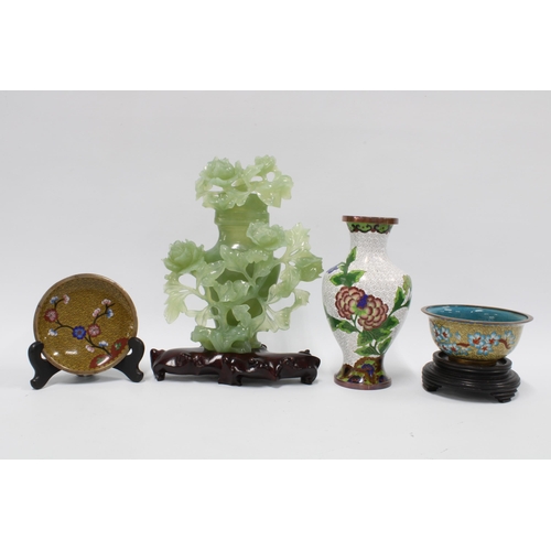 343 - Carved jadeite flower vase with wooden stand, 21cm, cloisonne vase, bowl and pin dish (4)