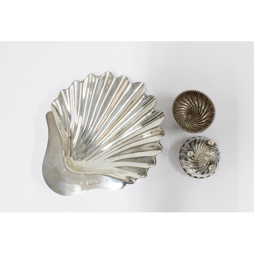 35 - Victorian silver salts, Birmingham 1890,  a silver shell shaped dish, London 1900 and a Mappin & Web... 