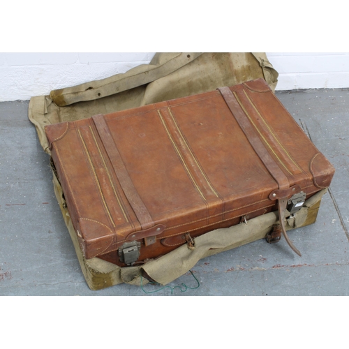 357 - Vintage leather suitcase with canvas cover, owned by Thomson J.F., 23 x 66 x 43cm, together with ano... 