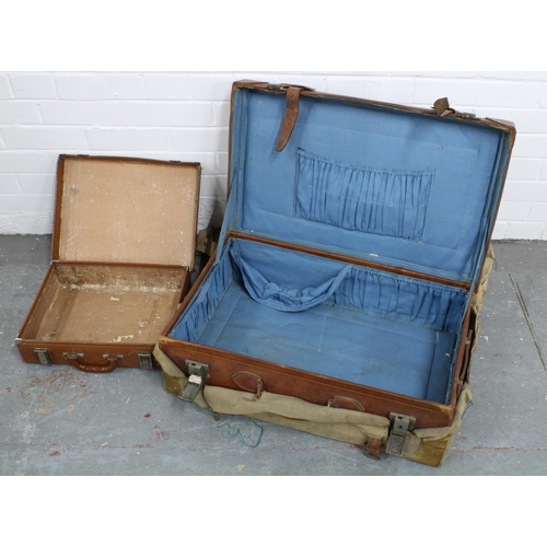 357 - Vintage leather suitcase with canvas cover, owned by Thomson J.F., 23 x 66 x 43cm, together with ano... 