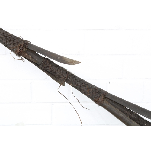 363 - Long barbed fishing spear, with twine decoration, probably South Seas, 256cm