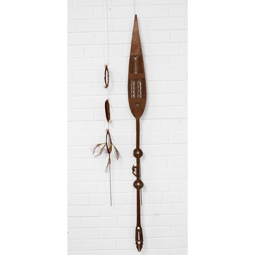 370 - South Seas dance paddle, 144cm, together with three woven armbands (4)