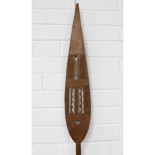 370 - South Seas dance paddle, 144cm, together with three woven armbands (4)