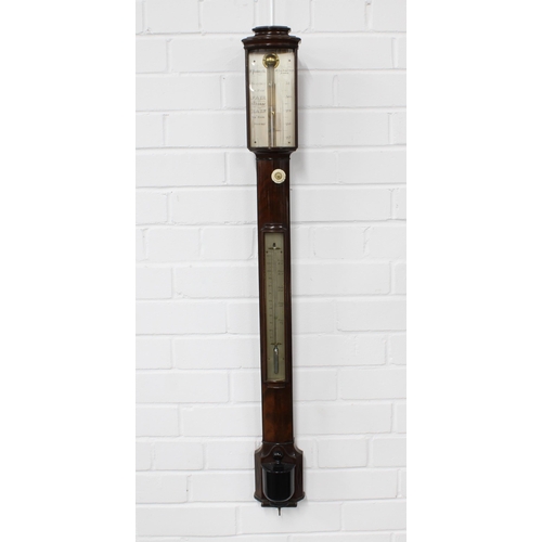 387 - 19th century figured mahogany bow front stick barometer by  F Pastorelli, 10 New Bond Street, London... 