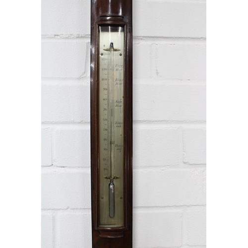 387 - 19th century figured mahogany bow front stick barometer by  F Pastorelli, 10 New Bond Street, London... 