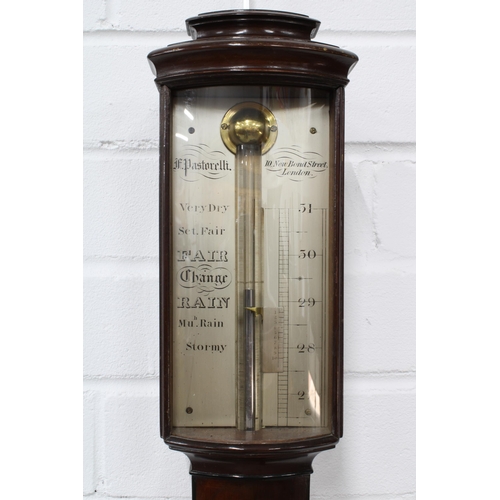 387 - 19th century figured mahogany bow front stick barometer by  F Pastorelli, 10 New Bond Street, London... 