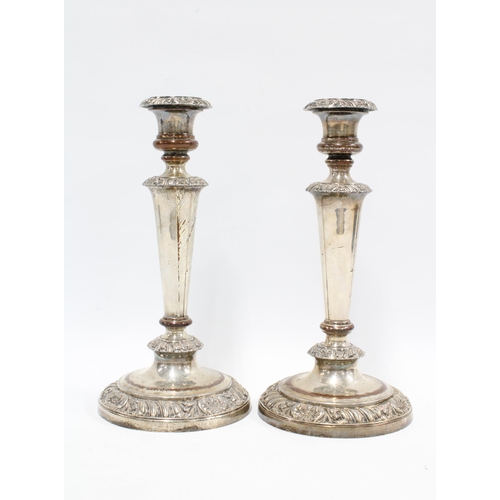 395 - A pair of silver plate on copper rococo style candlesticks, 28cm high (2)