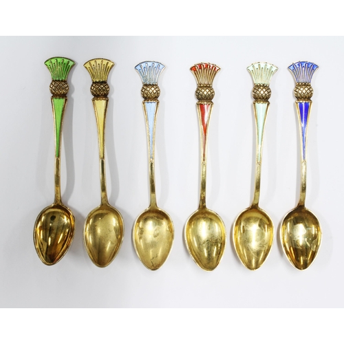 45 - Cased set of six Norwegian silver and harlequin enamel 'thistle' coffee spoons, J. Tostrup (6)