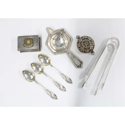 51 - Silver tea strainer, Birmingham 1928, 3 Scandinavian silver teaspoons, two sugar tongs, Epns stamp b... 
