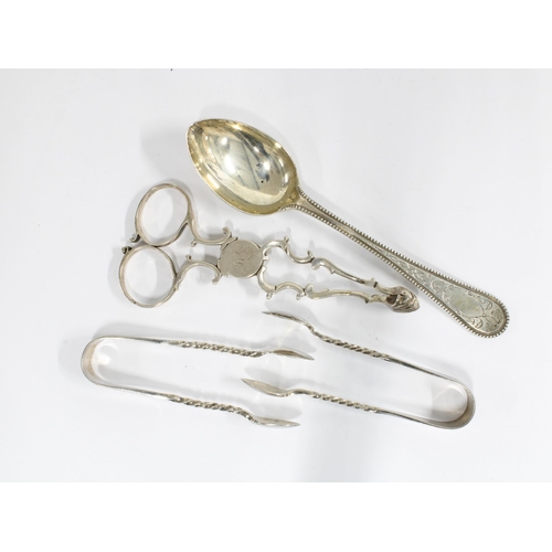 62 - 19th century silver sugar tongs with shell bowls, two unmarked white metal sugar tongs and a  Victor... 