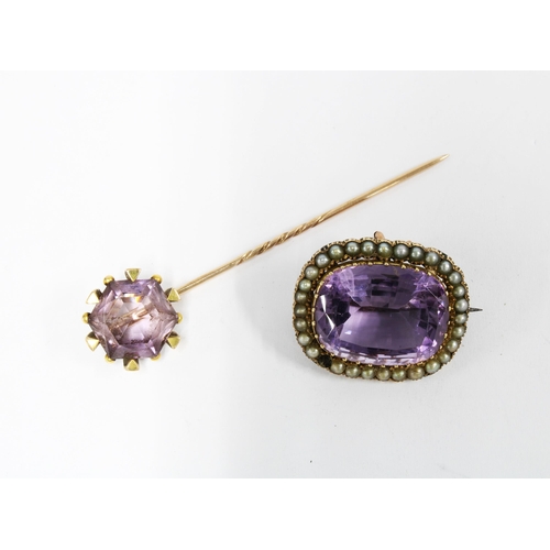 64 - Amethyst and seed pearl brooch set in unmarked yellow metal 28mm wide,  together with an amethyst ti... 